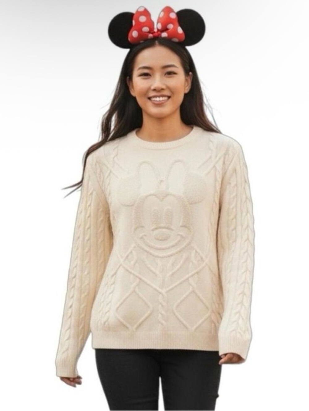 Disney Women's Minnie Mouse Cable Knitted Long Sleeve Pullover Sweater Size S‎